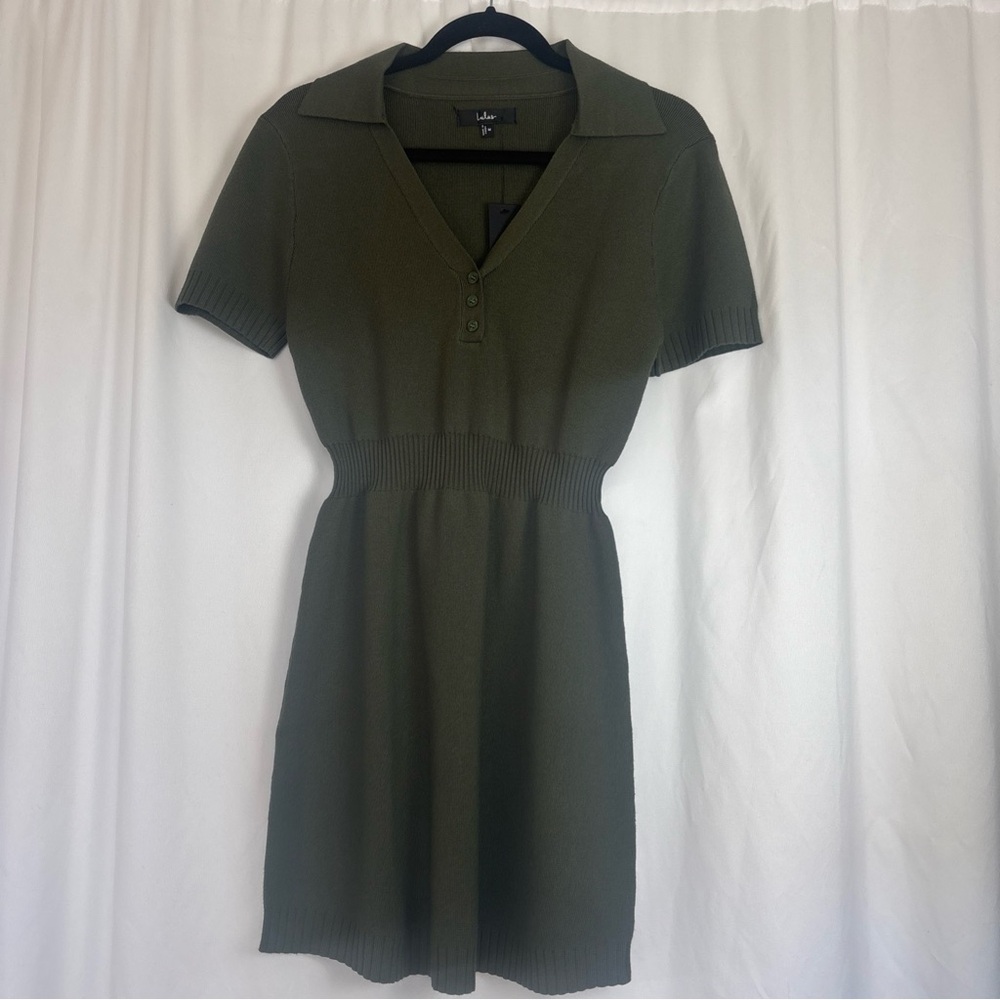 Lulus NWT Sz‎ M Sweater Dress Mini Olive Green Forest Fairy Academia Career - Picture 2 of 7
